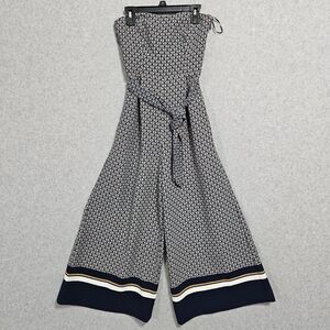 H&M NEW Jumpsuit Size 0 Navy Strapless Belted Wide Leg Geometric Style
